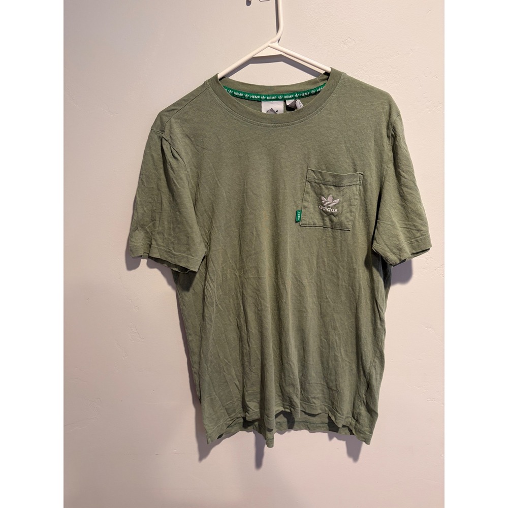 Adidas Originals Hemp Pocket T-Shirt Mens Medium Sage Green Trefoil Logo Tee
